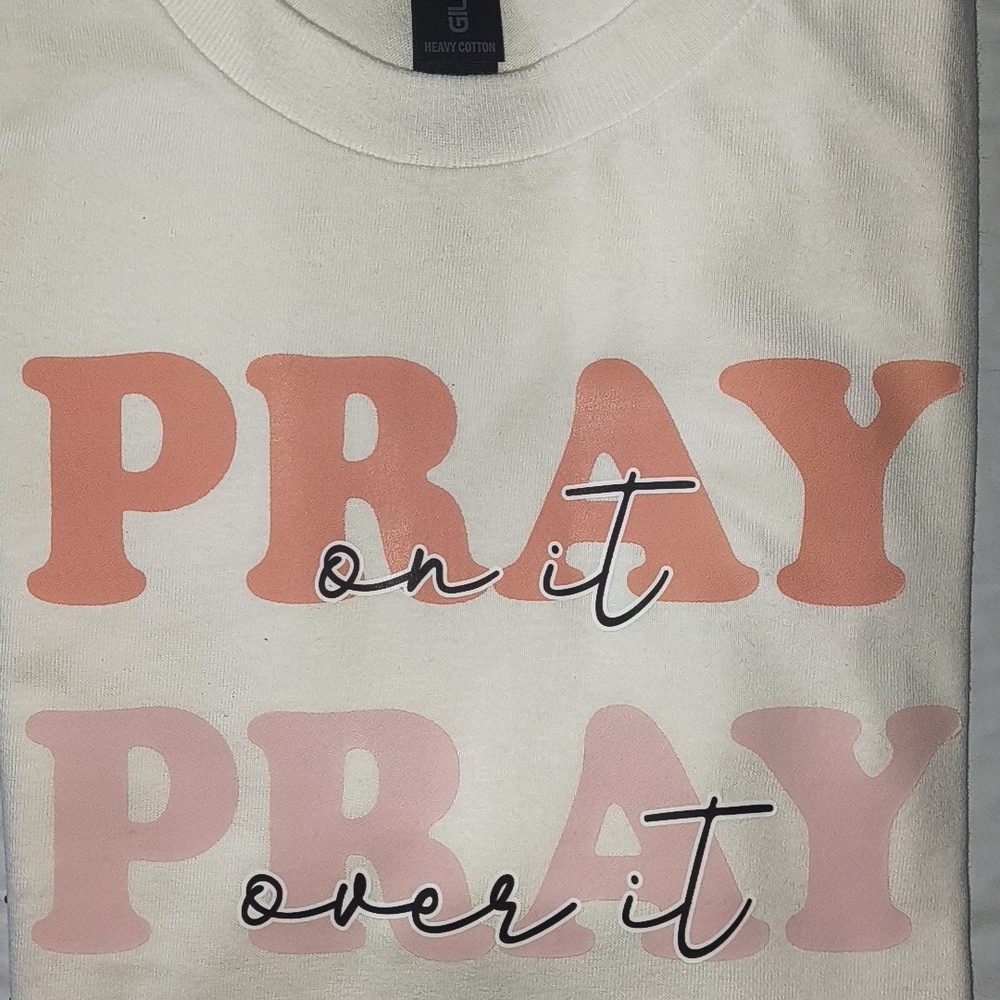 White Graphic Tee with Pink Script "PRAY"